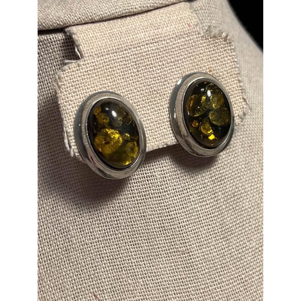 Vintage Baltic Amber Earrings Set in Sterling Silver. Clip-on